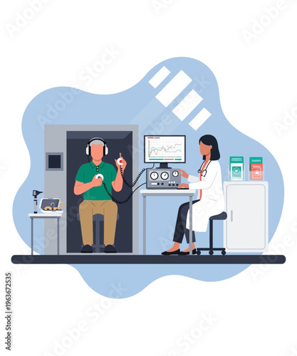 An audiologist conducts a comprehensive hearing test for a male patient inside a soundproof booth using specialized equipment.