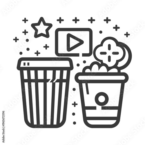 Iconographic image of a trash can popcorn video and star