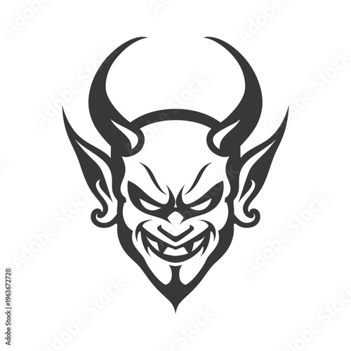 A stylized black and white illustration of a demon head