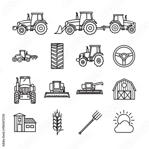Farm Equipment Icons: Tractors Harvesters Barns Steering Wheel Wheat Pitchfork SunLine Art