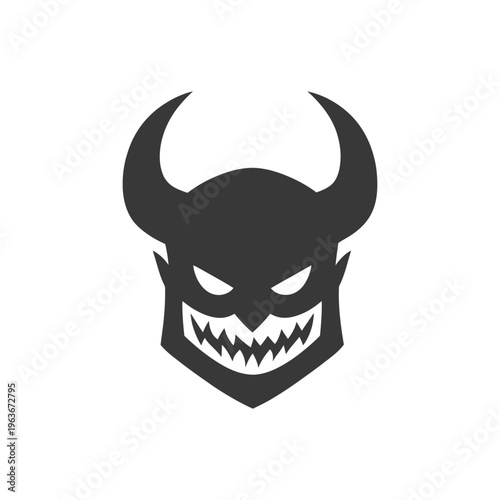 A stylized minimalist illustration of a horned demonic creature