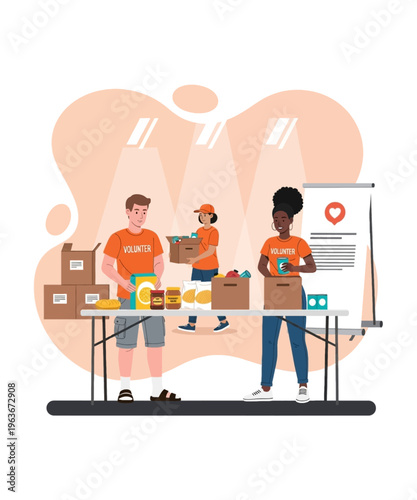 Happy diverse volunteers are diligently sorting and packing donated food items and supplies for charitable distribution.