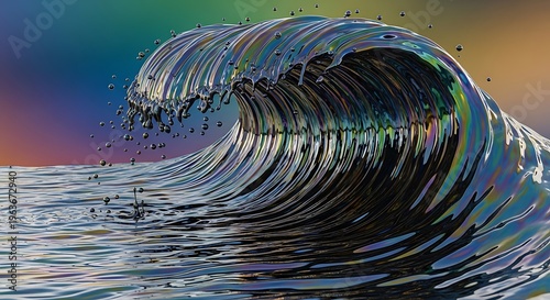 Iridescent oil wave cresting with rainbow sheen, abstract depiction of pollution and nature's beauty, a powerful ocean surge