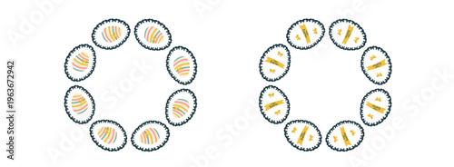 Frame with painted Easter eggs, border with copy space. Flat style design. Seasonal greeting card with festive paintings, banner, poster, element, background.