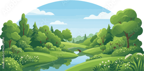 Generate a realistic beautiful landscape filled with green trees and rich foliage showcases the harmony between nature and the surrounding ecosystem vector art with white background..