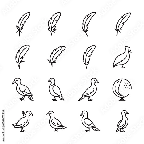 Feather and Bird Icons Set Simple Line Art Isolated on White Background Minimalist Design