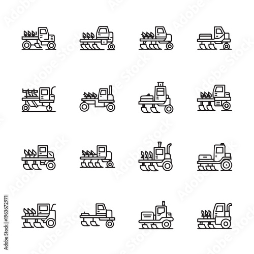 Farm Plow Tractor Icons Set Agricultural Tillage Equipment Line Art Rural Machinery Symbols