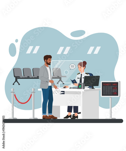 Airport staff member processes passenger documents at a secure service counter with protective barrier