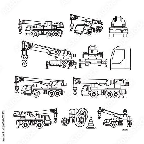 Mobile Crane Vehicle Set Construction Equipment Line Art Technical Drawing Industrial Machinery