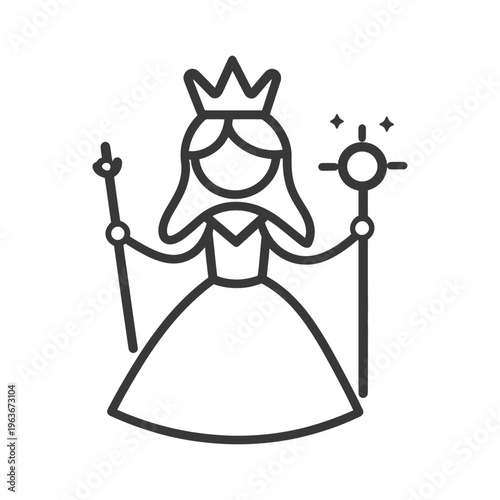A regal queen figure holding a wand and a staff