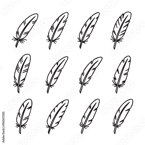 Feather Icons Collection Hand-Drawn Outline Elements Isolated White Background Minimalist Doodle Style