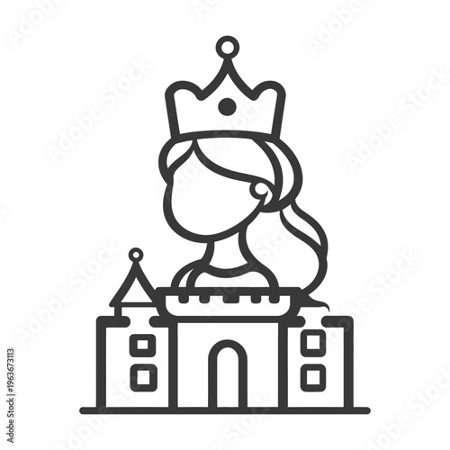 A crowned princess figure stands above a fortress structure illustration
