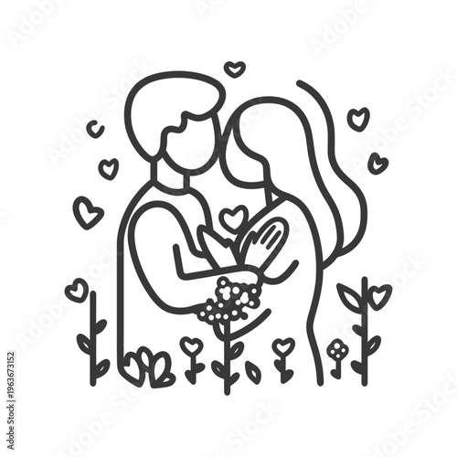 A loving couple embracing amidst hearts and beautiful flowers in a garden