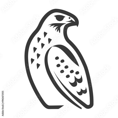 A stylized black and white illustration depicting a bird of prey