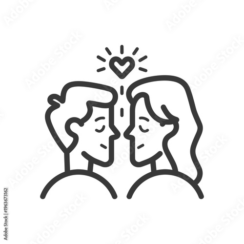 A stylized black and white depiction of loving couple faces