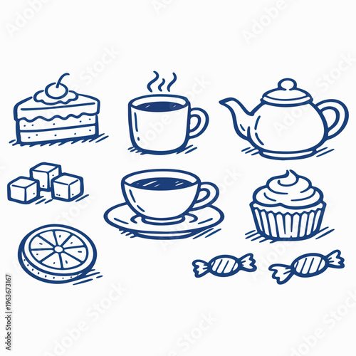 Whimsical blue line illustration of tea and dessert items including cake slice, teapot, teacup, cupcake, sugar cubes, lemon slice, candies, and steaming mug, playful hand-drawn style on cream backgrou