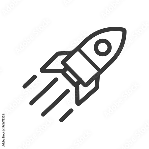 A stylized black rocket ship launches into space with propulsion lines