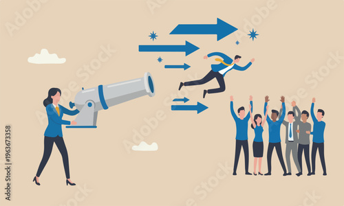 Coaching help, mentor boost productivity, help manager support for career development, entrepreneur launch, woman ignite cannon to launch businessman