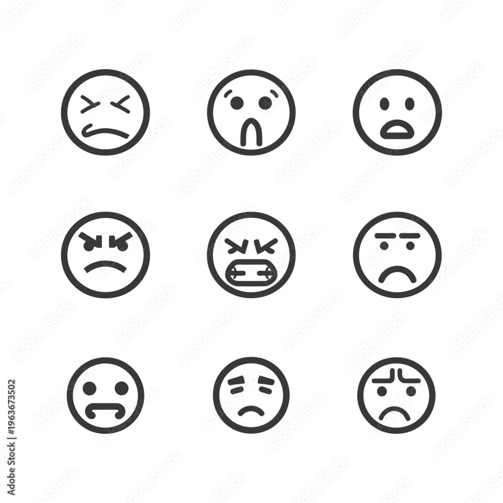 Fototapeta premium Collection of simple round emoji expressions displaying negative sentiments