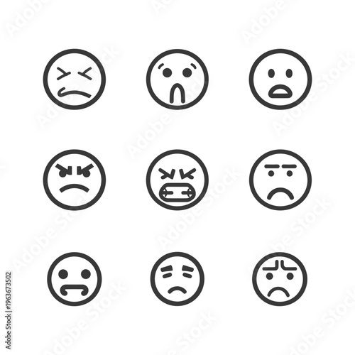 Collection of simple round emoji expressions displaying negative sentiments