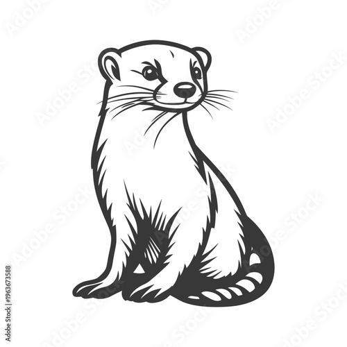An illustrated black and white drawing of a sitting mammal