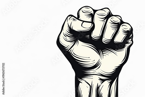 An upraised fist rendered in striking monochromatic tones. It embodies notions of strength, unity, and defiance.