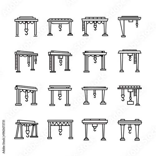 Overhead Crane Icons Industrial Lifting Equipment Engineering Schematics Vector Line Art