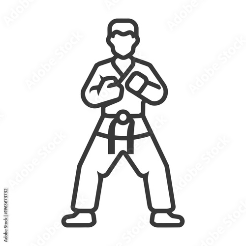 A simple black line illustration of a person in martial arts stance