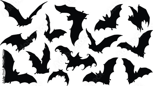 Bat silhouettes collection featuring flying poses, jagged wings, nocturnal creatures, halloween theme, gothic art, spooky swarm vector illustration