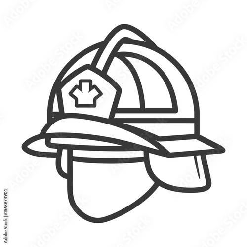 A monochrome illustration depicting a firefighting helmet and badge