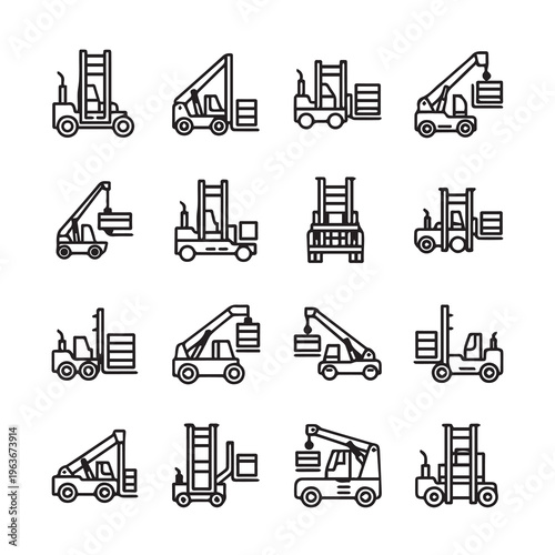 Forklift Icons Set Material Handling Machines Warehouse Equipment Logistics Outline Style