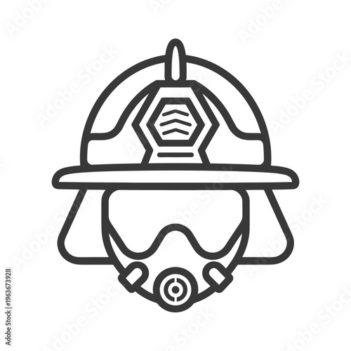 A stylized black and white graphic of a firefighters helmet and mask