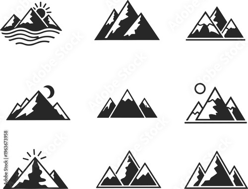 Mountain icons collection, outdoor adventure vector illustration, nature exploration peaks artwork, hiking graphic design elements, summit silhouette creative branding concept