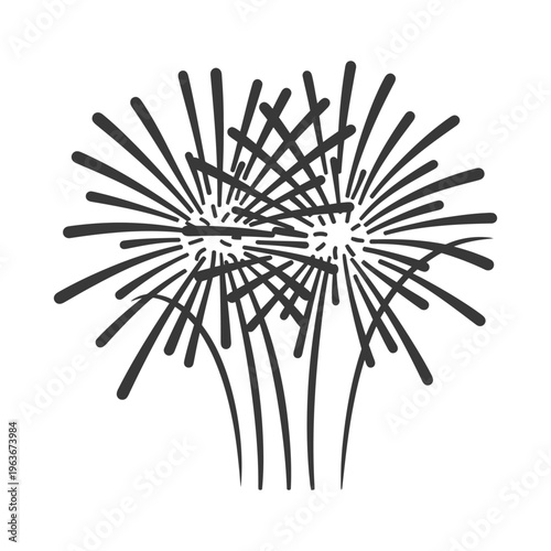 Two stylized fireworks explode brightly against a plain white background
