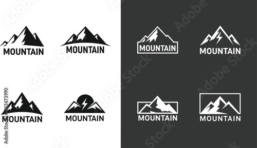 Mountain logo designs collection, outdoor adventure branding, bold peak vector illustration, hiking emblem artwork, nature exploration graphic identity, summit silhouette creative concept