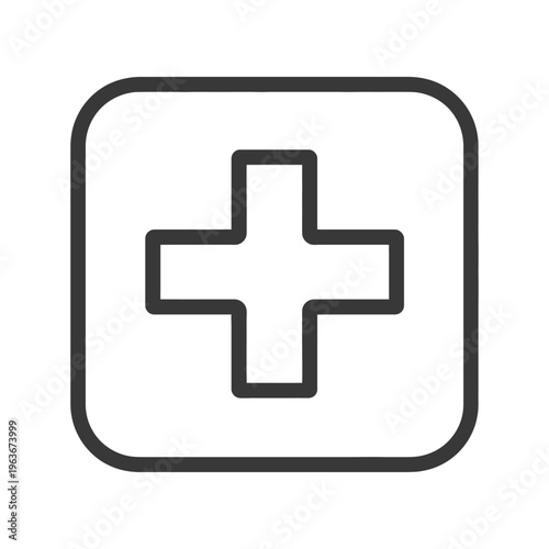 An outlined cross symbol enclosed within a rounded square