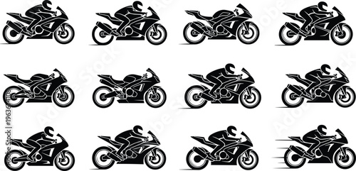 Motorcycle rider silhouette set, twelve dynamic sport bike poses in motion, speed and racing vector artwork branding collection