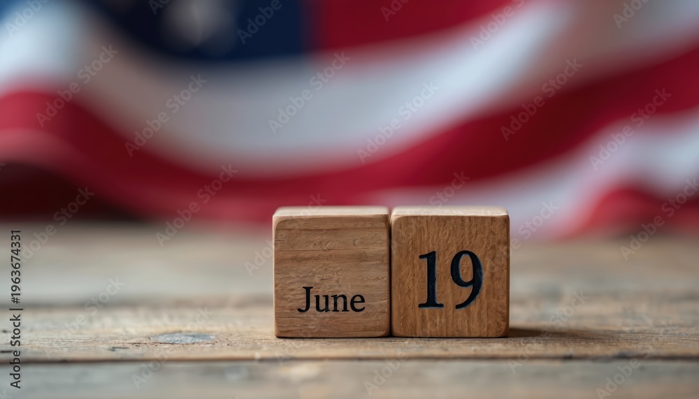 Fototapeta premium Wooden blocks show June 19 date in front of American flag. This signifies Juneteenth, a day of emancipation and celebration in US history. It honors African American freedom and heritage.