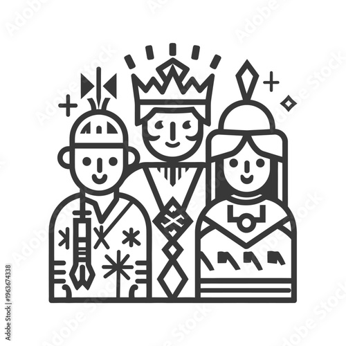 A linear illustration depicts three figures with royal or tribal characteristics