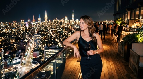 Elegant woman enjoying a glass of champagne on a luxurious rooftop bar, admiring the dazzling and iconic New York City skyline illuminated at night.