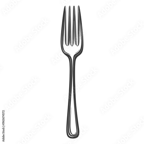 A black and white illustration depicting a metal eating utensil