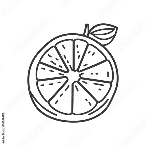 A black and white illustration of a sliced citrus fruit