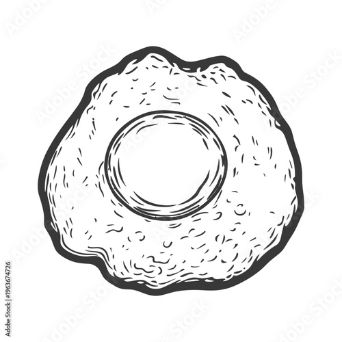A monochrome illustration depicting a single cooked fried egg
