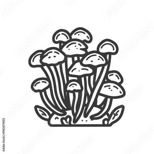 A drawing of a cluster of small mushrooms growing together
