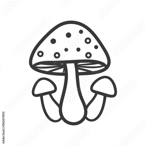 A stylized monochrome illustration of a mushroom with smaller ones