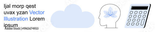 Technology, mindfulness, cloud computing, data organization, digital tools, calculation. Simplified cloud, head silhouette with a flower calculator illustration. Cloud computing and mindfulness