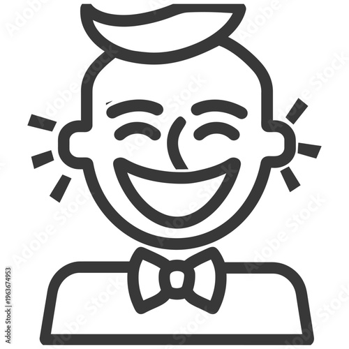 Happy person smiling widely with a bow tie on a simplified face