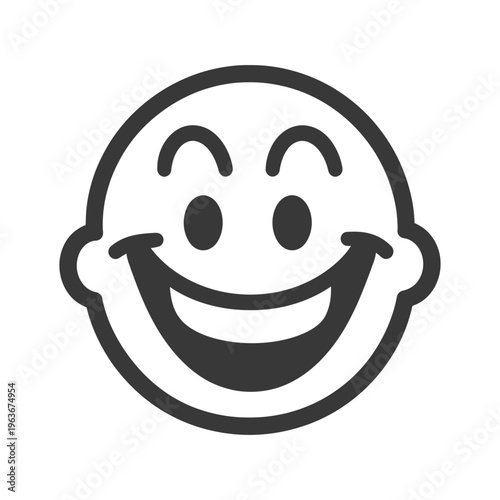 A simple cheerful cartoon face displays a broad open smile