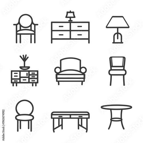 Collection of furniture icons depicting a minimalist home interior