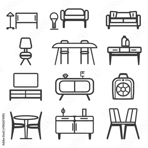 Collection of minimalist line illustrations representing various home furniture items